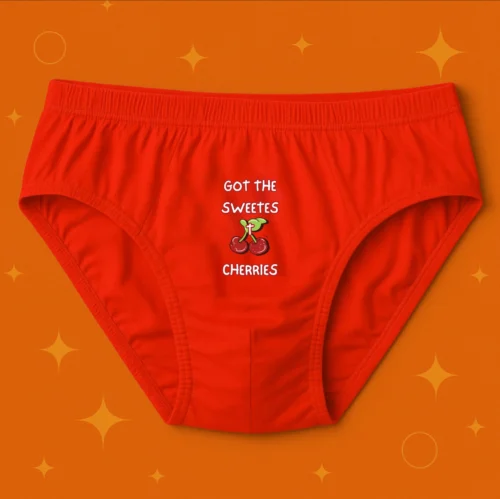 Foxyz red printed underware with got the sweetest cherries print on it