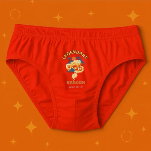 Foxyz red printed underware with Legendry Dragon Wake Me Up print on it