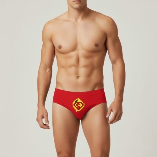 Model Wearing Foxyz Superhero Printed Red Underwear