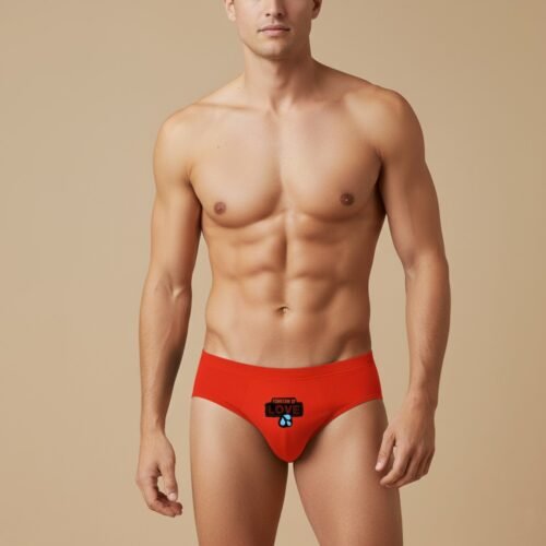 Model wearing Foxyz red printed underware with fountain of love print on it